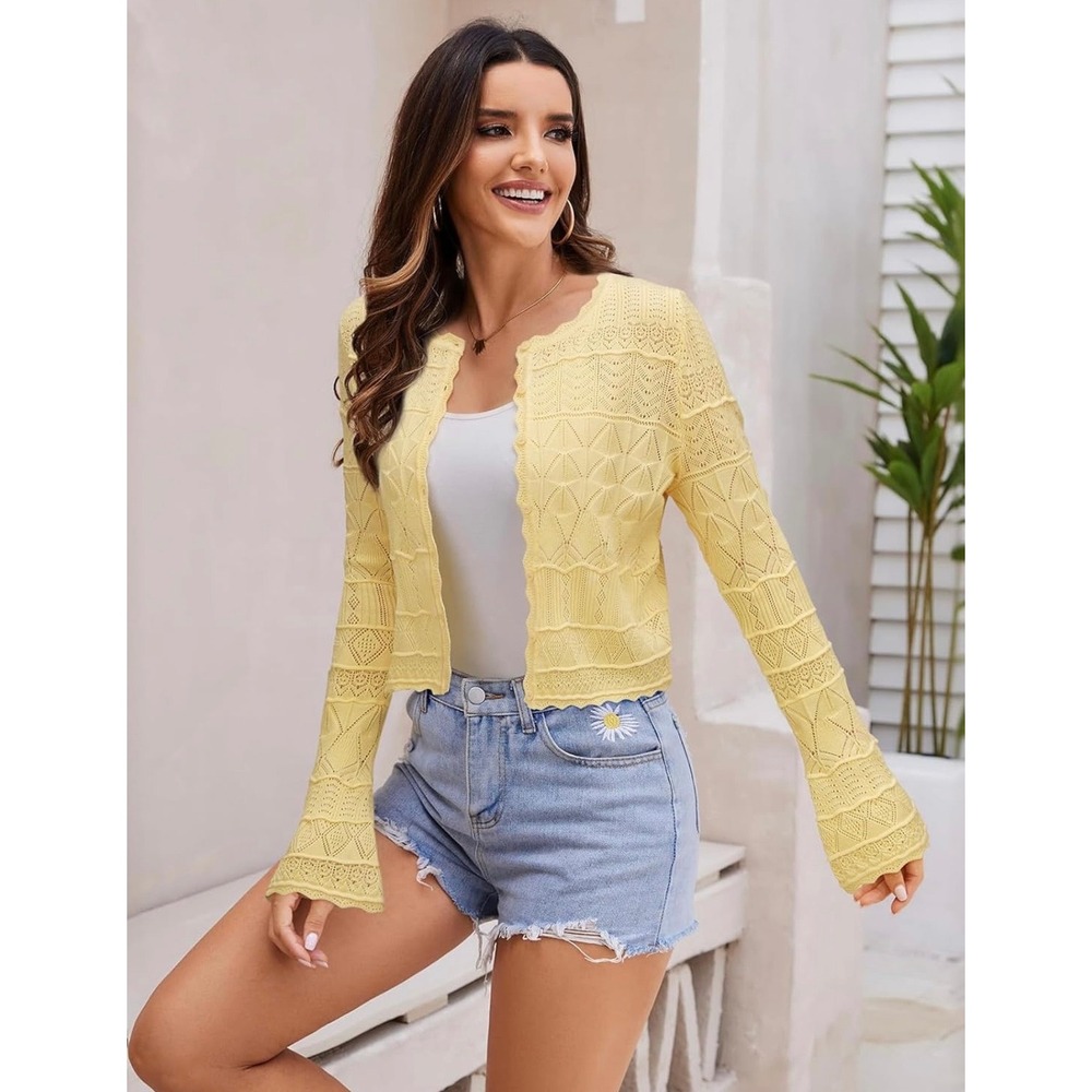 Fairy Season Yellow Pointelle Knit Cropped Cardigan Bell Sleeve Sweater Medium